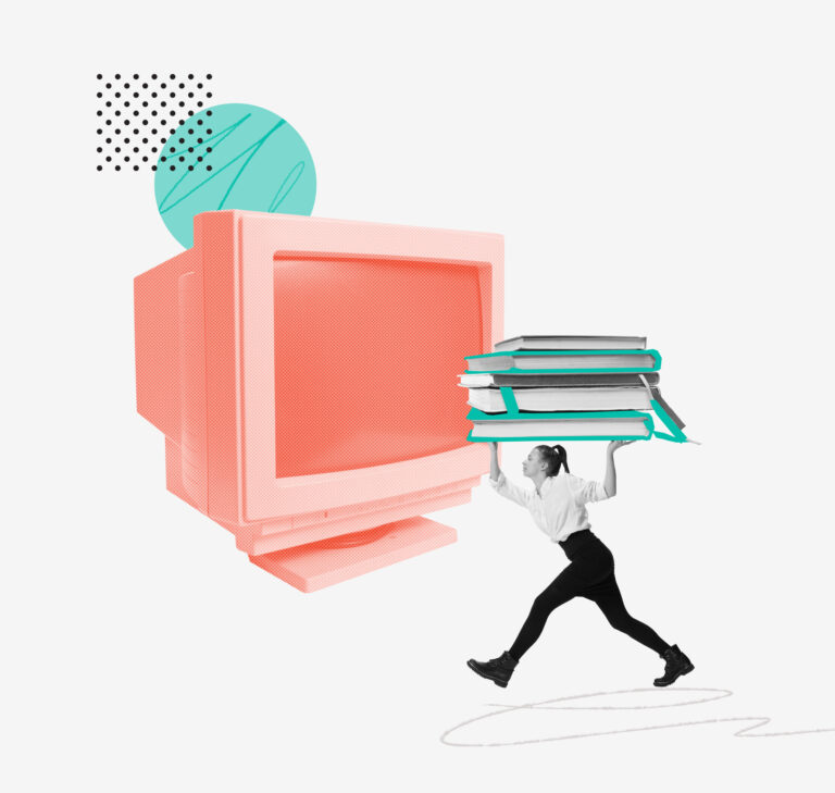 Contemporary art collage. Conceptual image. Young motivated woman running to computer monitor with many books. Concept of education, online studying, knowledge development, information, growth